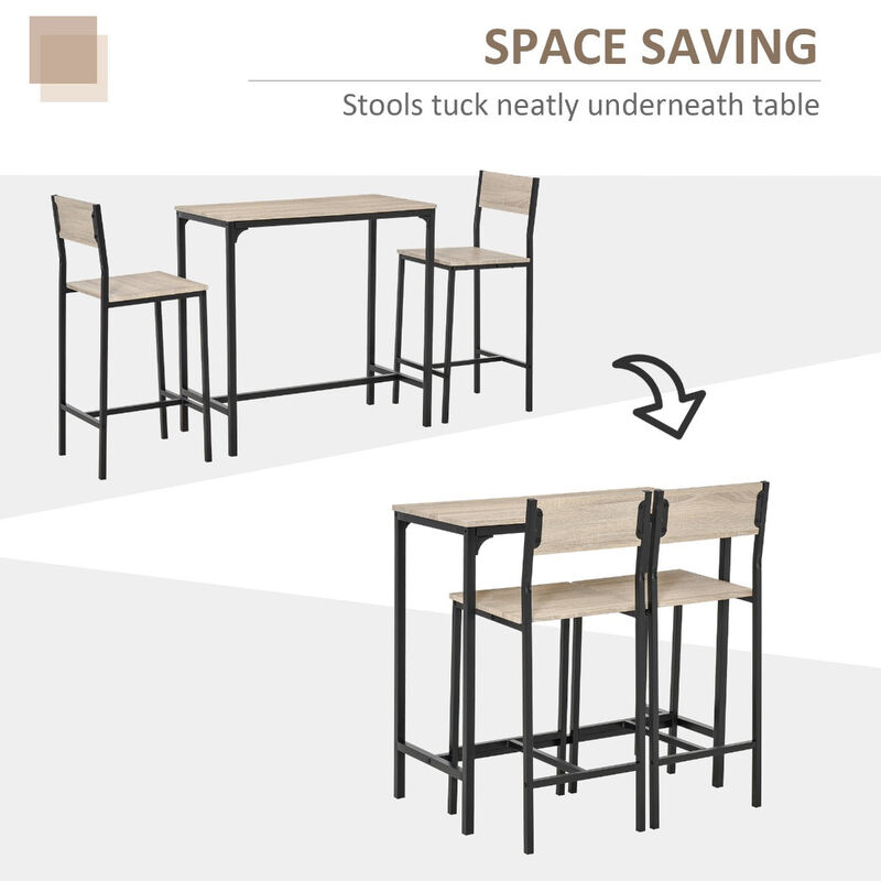 Natural Wood Bistro: 3-Piece Industrial Bar Table Set with 2 Stools