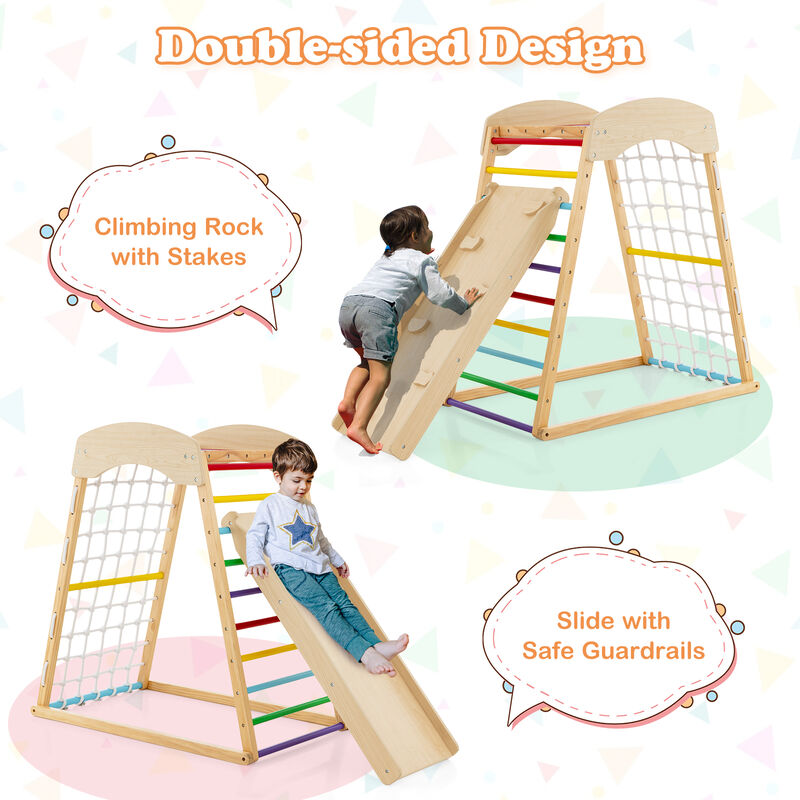 6-in-1 Jungle Gym Wooden Indoor Playground with Double-Sided Ramp and Monkey Bars