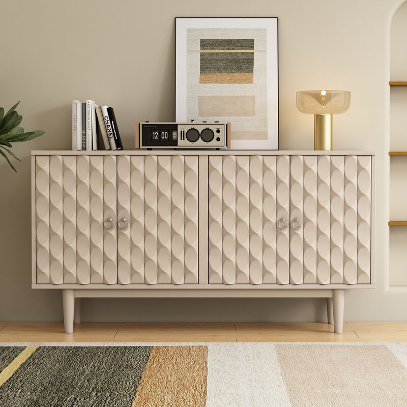 Clihome Modern 4-door Sideboard with Convex Pattern Doors and 2 Silver Handle for Living Room, Dining Room, Kitchen (Almond)