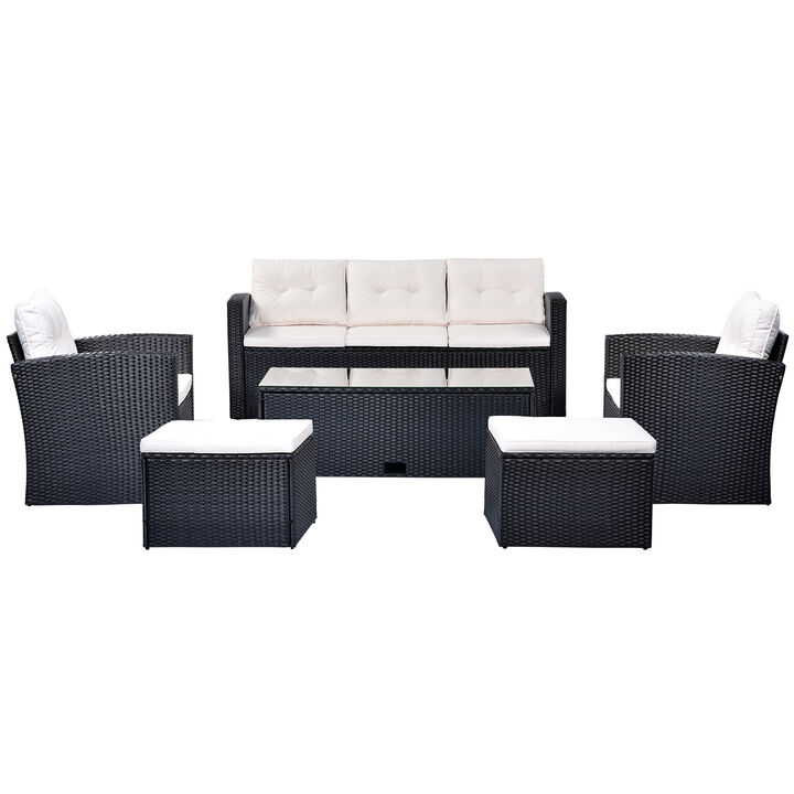 Whisen 6-Pieces All-Weather Wicker PE Rattan Patio Outdoor Dining Conversation Sectional Set with Coffee Table, Ottomans and Removable Cushions