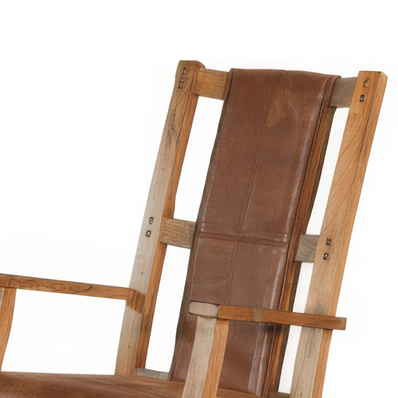 Marv Rocking Chair with Faux Leather Seat and Back, Rustic Oak Brown - Benzara
