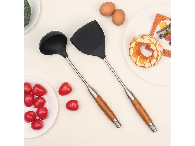 FJNATINH Silicone Wok Spatula and Ladle Tool Set,Stainless Steel Non Stick Heat-Resistant Kitchen Utensils