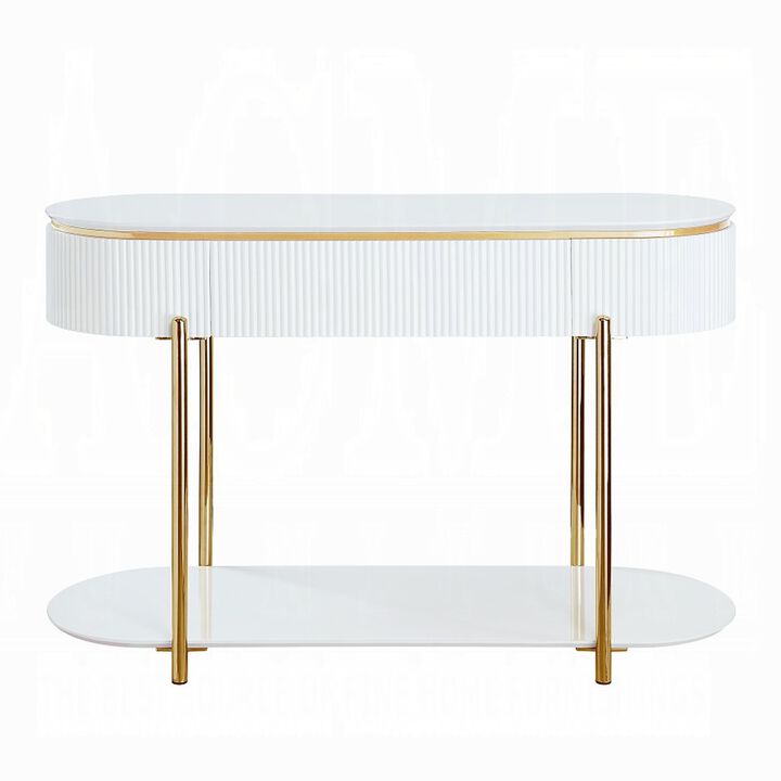Tyce Sofa Table with Drawer, Shelf, 47 Inch Glossy White, Gold Metal - Benzara