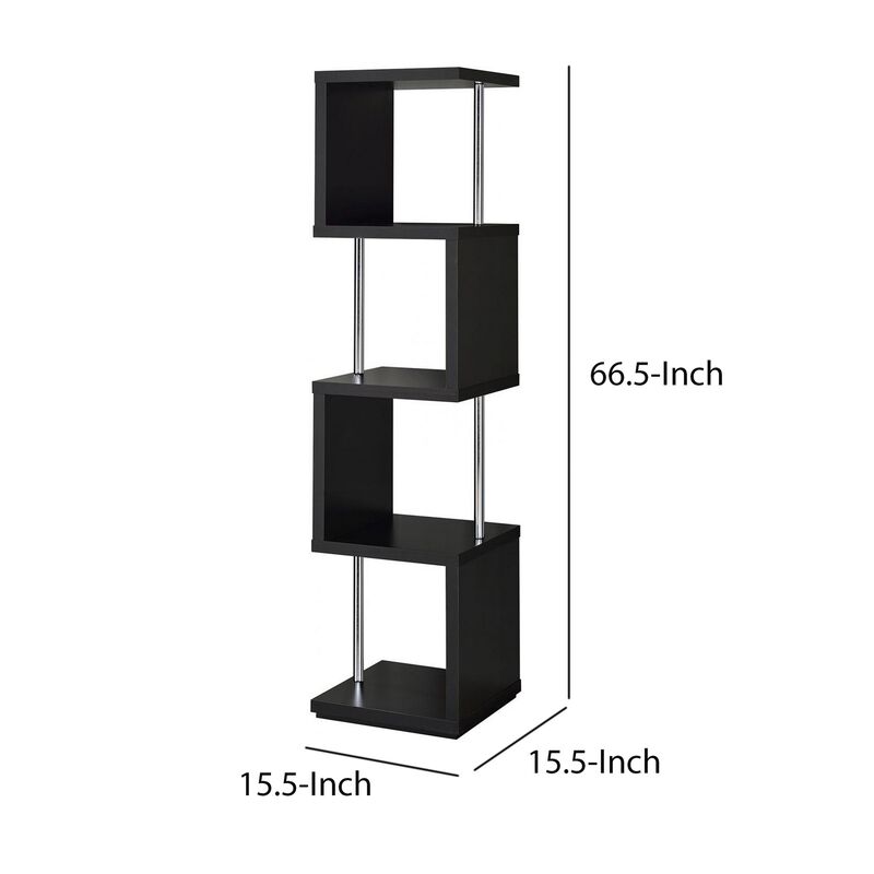 Well made Four Tier Wood And Metal Bookcase, Black-Benzara