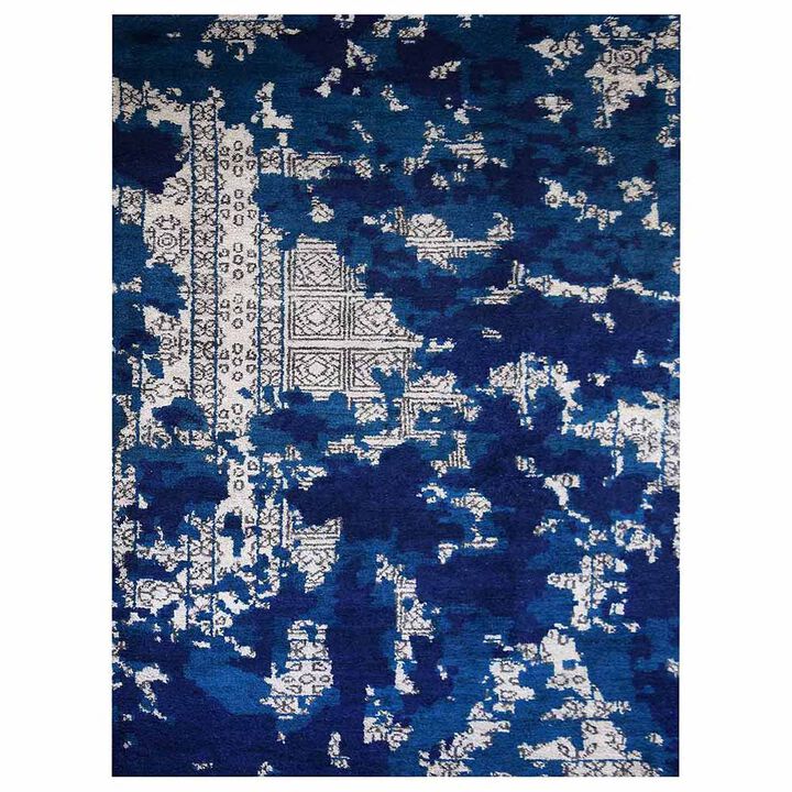 Rugsotic Carpets Hand Knotted Silk 5'x8' Area Rug Abstract Blue Beige NS1241