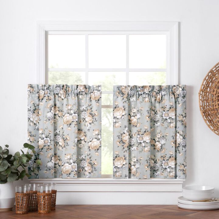 Ellis Bella Rose Stylish Medium Scale Printed Floral Pattern 1.5" Rod Pocket Tier for Windows 56"x36" Mist