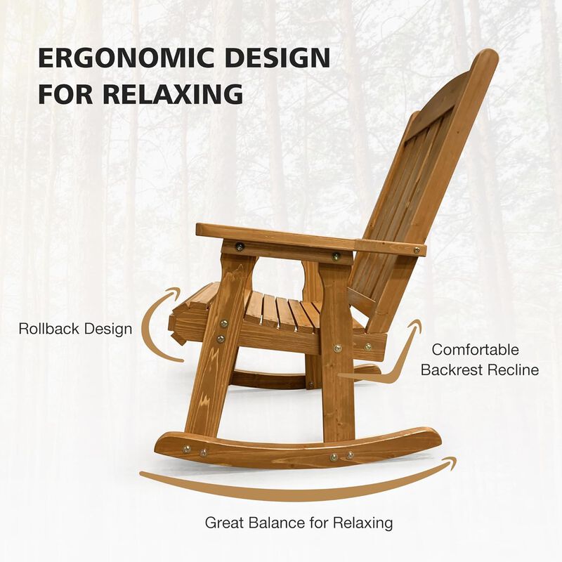 Wooden Rocking Chair with Comfortable Backrest Inclination, High Backrest and Deep Contoured Seat, Solid Fir Wood, Heavy Duty 600 LBS, for Both Outdoor and Indoor, Backyard, Porch and Patio