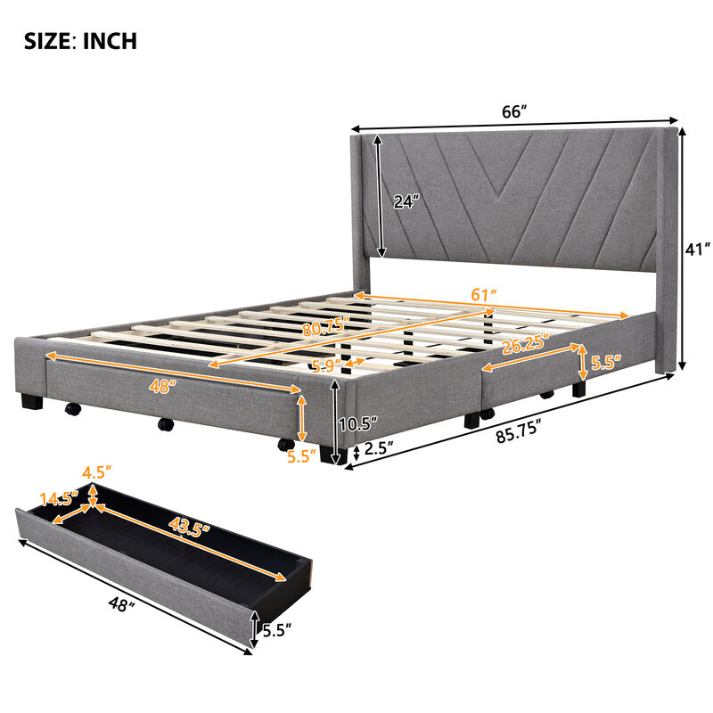 Merax Linen Upholstered Platform Bed with 3 Drawers