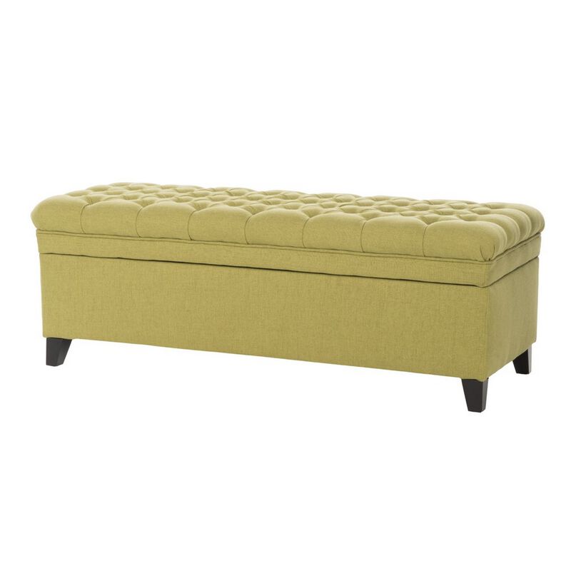 Rhya Storage Ottoman Bench, Soft Green Fabric, Black Wood, 50 Inch -Benzara