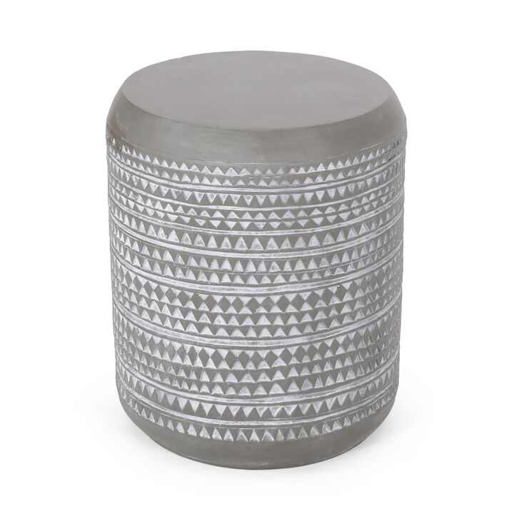 Outdoor End Table, 16 Inch Round Gray Faux Concrete w White Pattern - Benzara