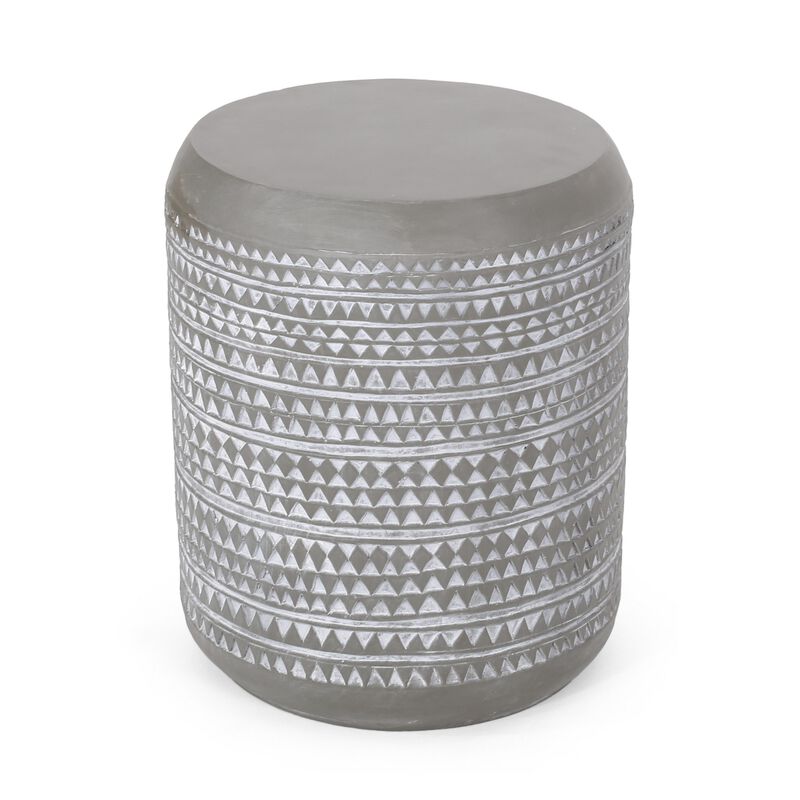 Outdoor End Table, 16 Inch Round Gray Faux Concrete w White Pattern - Benzara