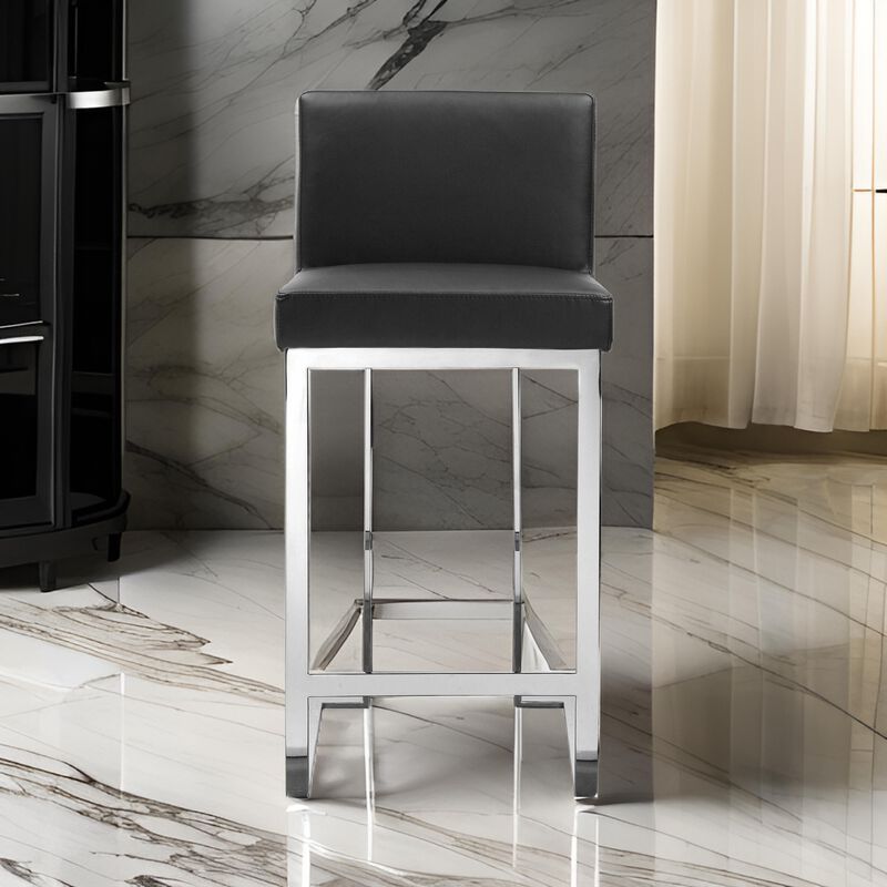 Boly 26 Inch Counter Height Chair, Black Faux Leather, Chrome Steel - Benzara