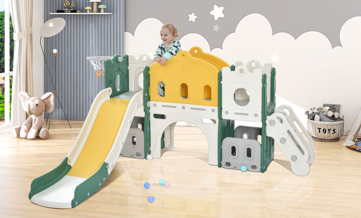 Kids Slide Playset Structure, Freestanding Castle Climber with Slide and Basketball Hoop, Toy Storage Organizer for Toddlers, Indoor Outdoor Playground Activity