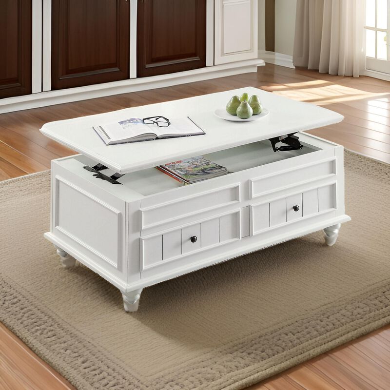 Benjara 48 Inch Coffee Table, Lift Top Function, 2 Drawers, Poplar Wood, White and Black