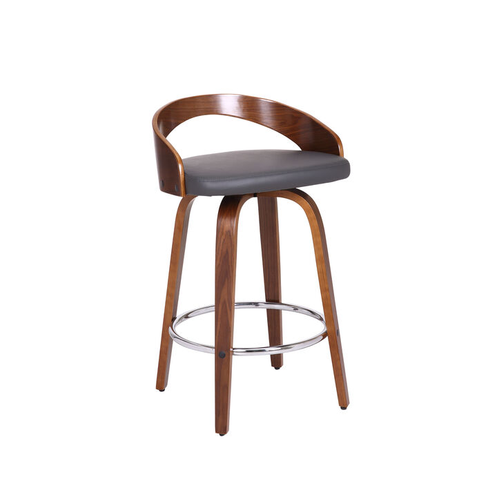 Sonia Bar Height Swivel Brown Faux Leather and Walnut Wood Bar Stool