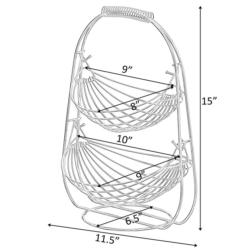 2 Tier Metal Fruit Holder Swing Basket for Kitchen | Detachable Countertop Vegetables Storage Organizer with Display Hammock Stand for Farmhouse, Living Room, Dining Room