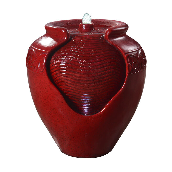 Teamson Home Outdoor Glazed Pot Floor Fountain with LED Lights, Red