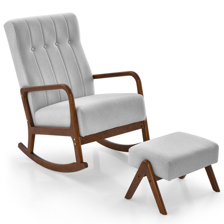 Rocking Chair with Ottoman and Solid Rubber Wood Frame and Padded Cushion-Grey