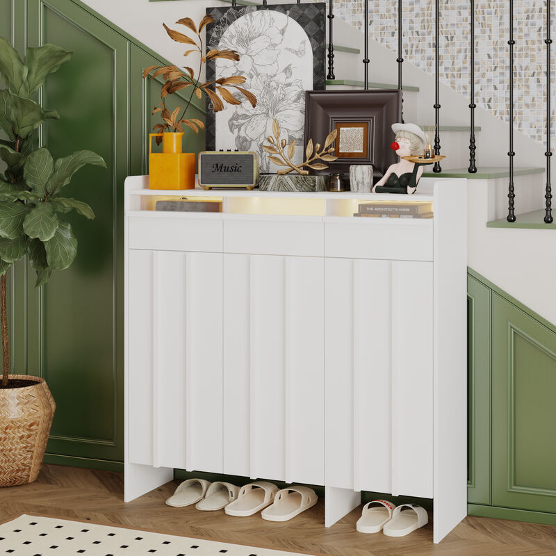 FUFU&GAGA Modern White Shoe Cabinet – 3 Drawers, 3 Doors, Acrylic Panel Design, MDF Entryway Storage (47.2" W x 13.8" D x 47.2" H), White