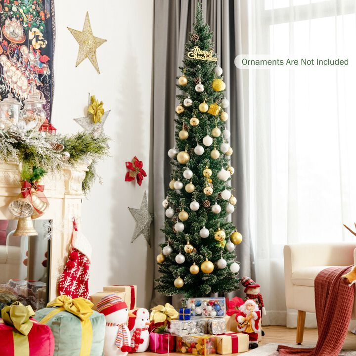 Snowy Artificial Pencil Christmas Tree with Pine Cones for Rustic and Space-Saving Holiday Decor