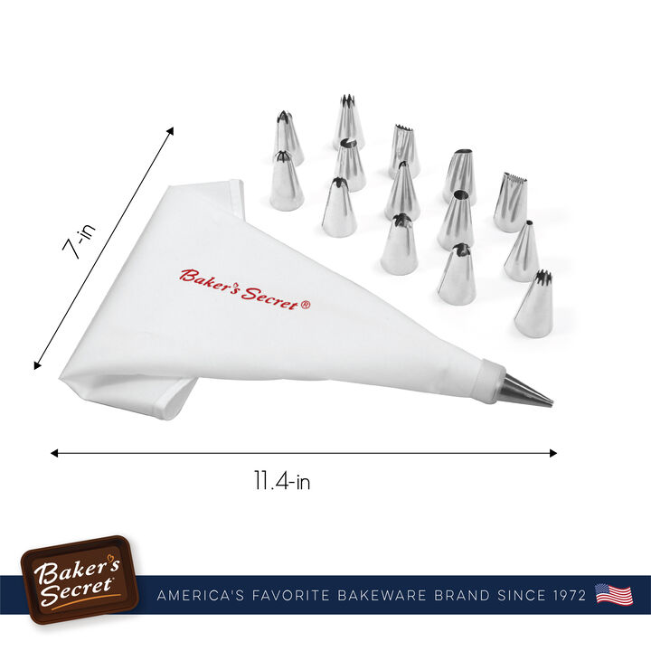 Baker's Secret Piping Bag with 14 tips, Reusable, Stainless Steel, Easy-to-clean & Dishwasher, Cake Decoration, Baking Accessories, Silver