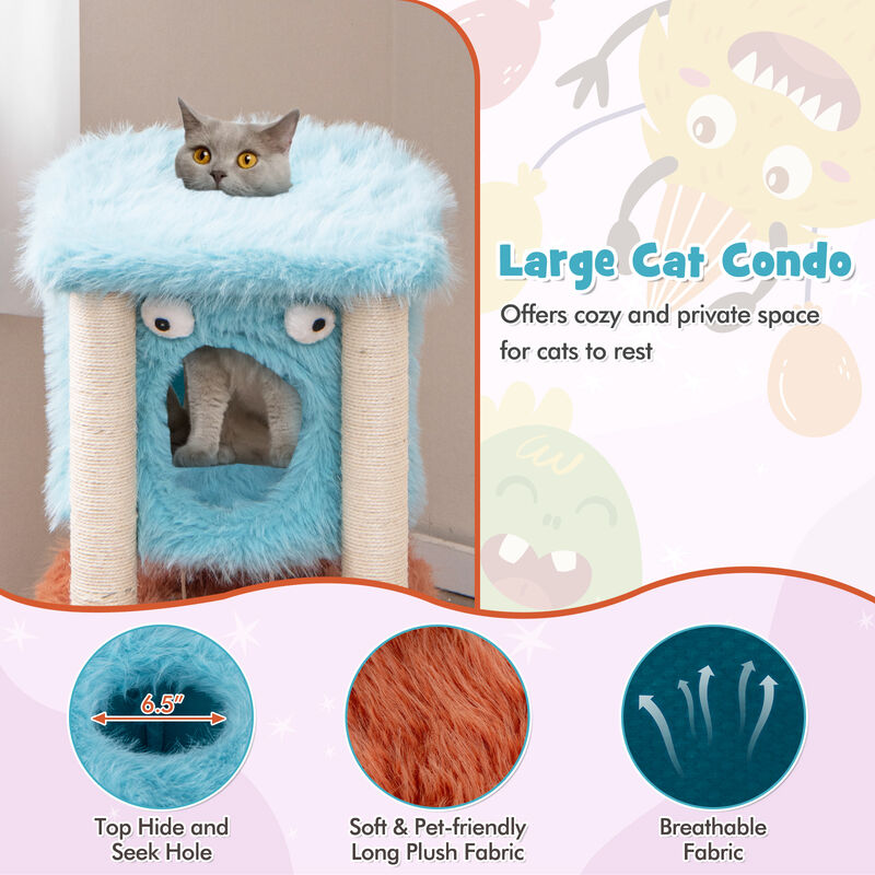 Cute Monster-Themed Cat Tower with Private Condo, Soft Long Plush & Scratching Posts