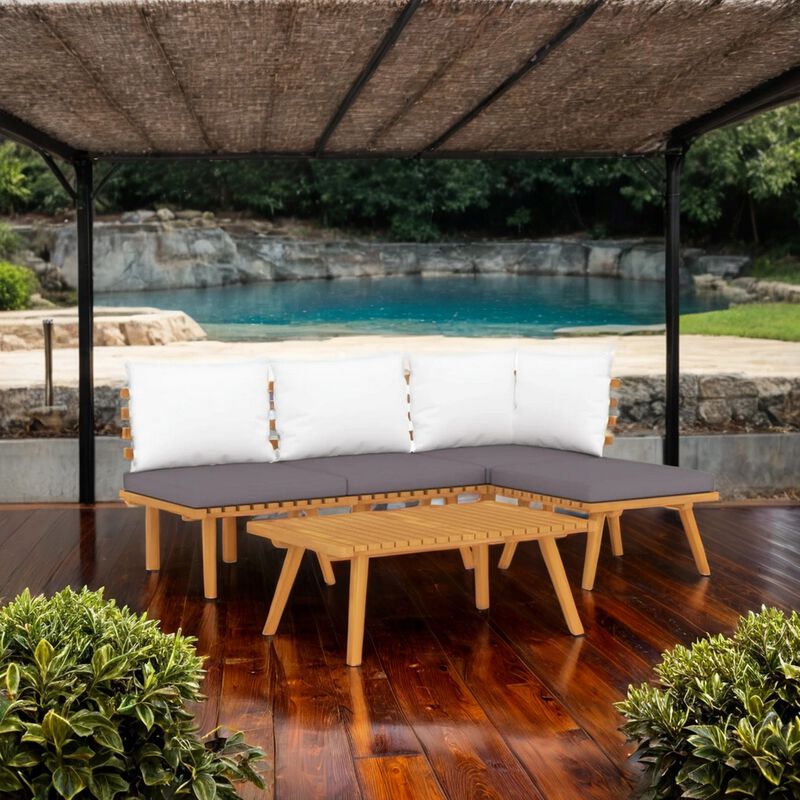 Roma 5pc Outdoor Modular Sofa Set, Table, Acacia Wood, Gray, White - Benzara