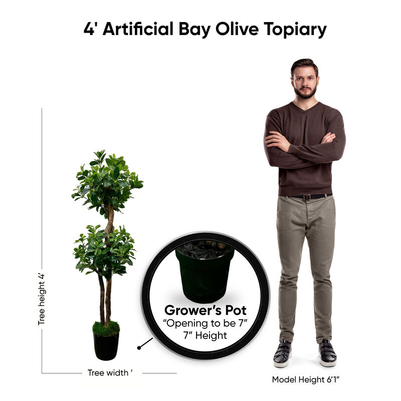 Handmade 4' Artificial Sweet Bay Topiary Tree In Home Basics Plastic Pot Made with Real Wood and Moss Accents