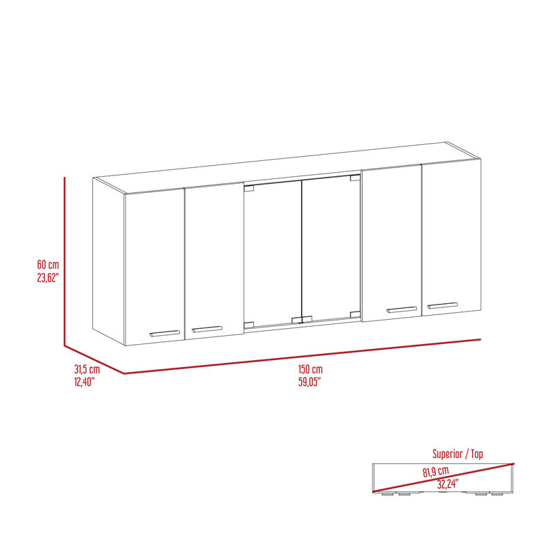 Superior 150 Wall Cabinet With Glass, Four Interior Shelves, Two Double Door - Black