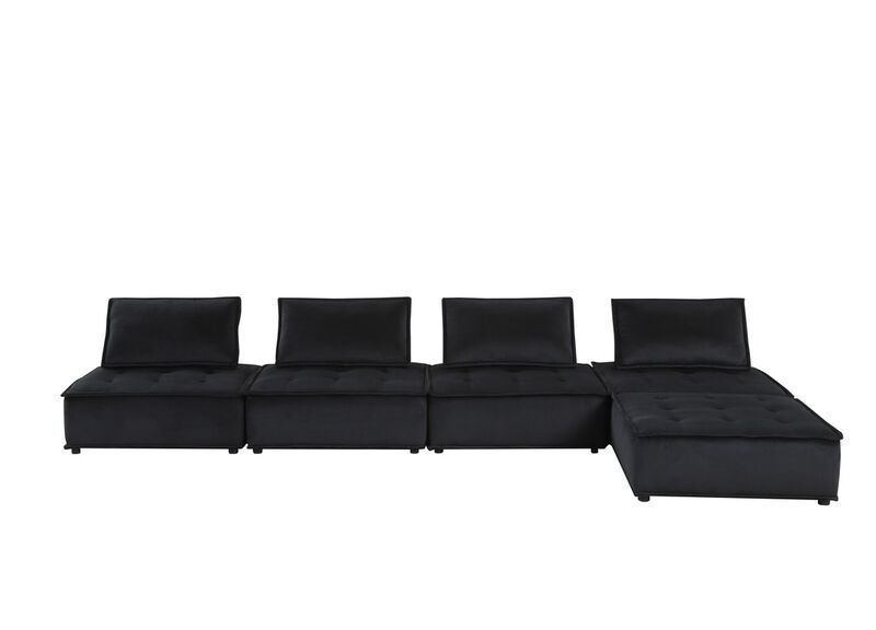 Alaya 5pc Foam Modular Sectional Sofa with Ottoman, Black Velvet Upholstery-Benzara
