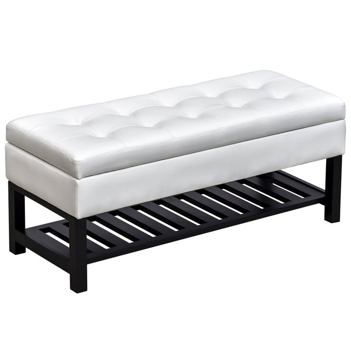 Versatile White Seat: 44" Tufted Faux Leather Ottoman with Shoe Storage