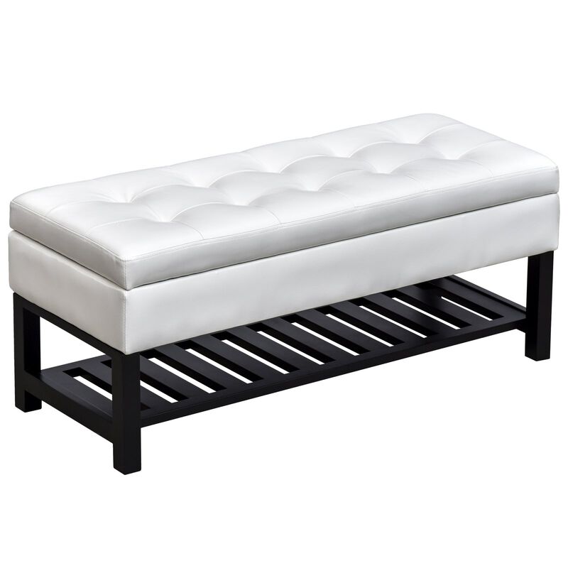 Versatile White Seat: 44" Tufted Faux Leather Ottoman with Shoe Storage