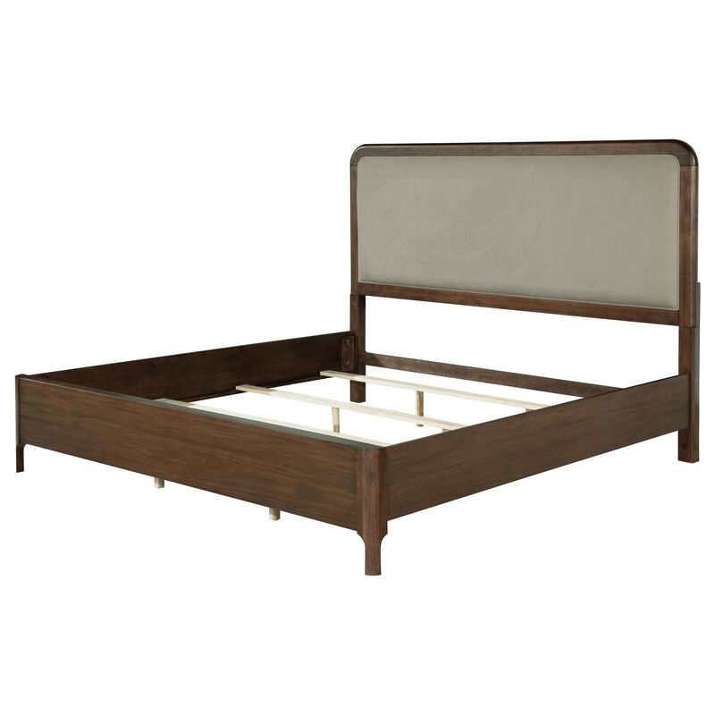 Rie Queen Bed, Taupe Gray Upholstered Headboard, Walnut Brown Wood - Benzara