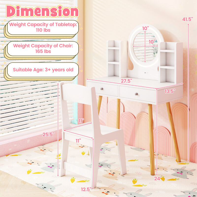 Kids Vanity Set with Lighted Mirror and Storage Drawers
