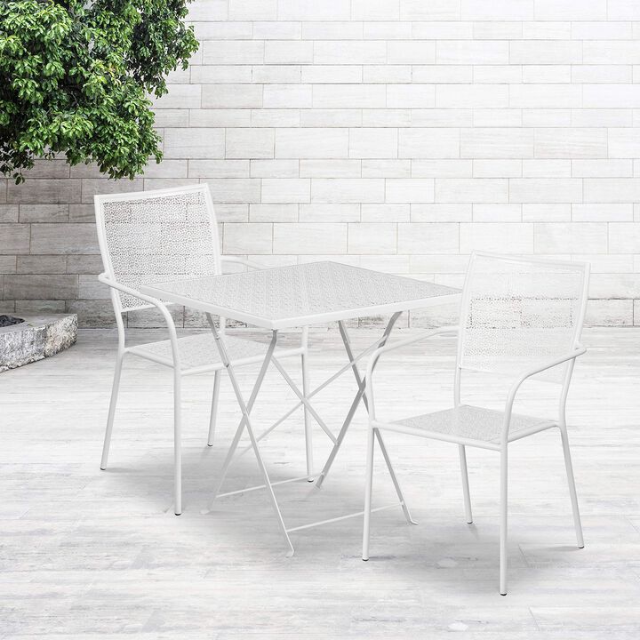 Flash Furniture Oia Commercial Grade 28" Square White Indoor-Outdoor Steel Folding Patio Table Set with 2 Square Back Chairs