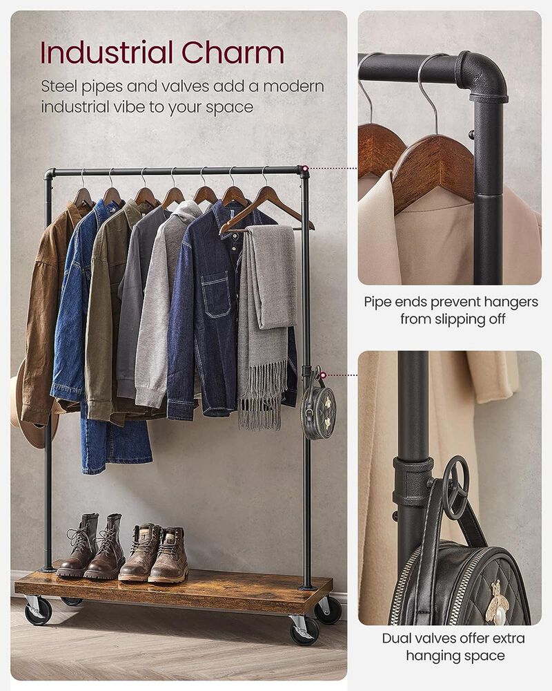 Heavy-Duty Industrial Pipe Style Rolling Clothes Rack with Shelf - Rustic Brown & Black