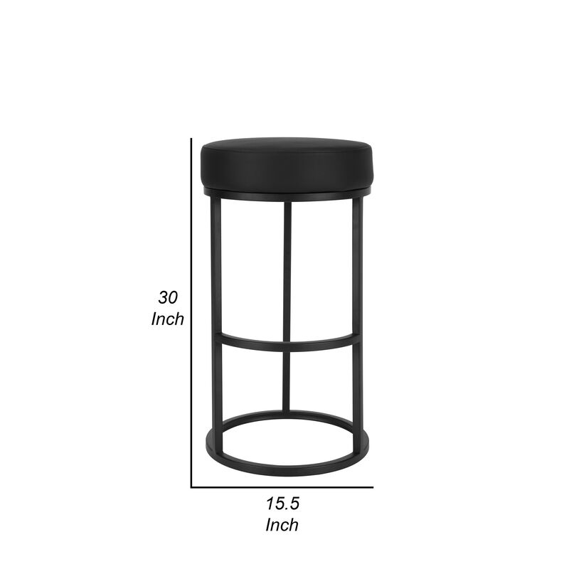 Tane 30 Inch Barstool, Round Black Faux Leather Padded Seat, Black Metal - Benzara