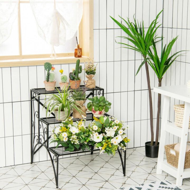 Hivvago 3-Tier Metal Plant Stand with Widened Grid Shelf for Porch Garden-Black