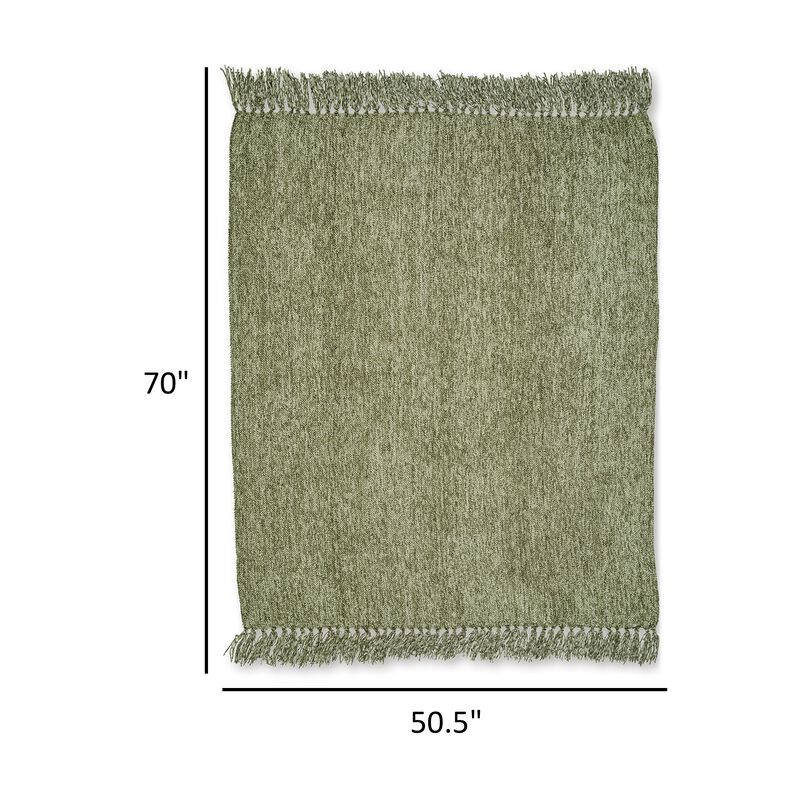 Emily Throw Blanket Set of 3, Textured Woven Knotted Fringe Green Polyester - Benzara