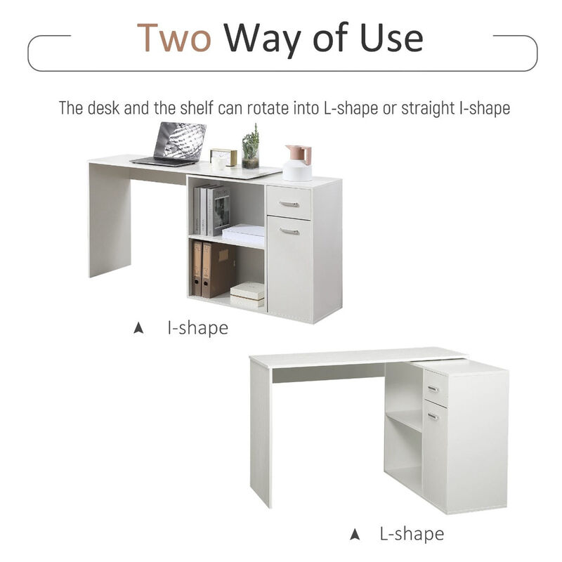 White Corner Workstation: L-Shaped Desk with Rotating Shelves & Drawer