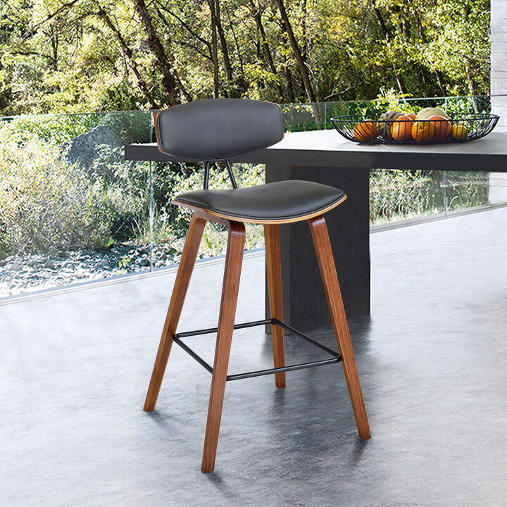 Fox Counter Height Black Faux Leather and Black Wood Mid-Century Modern Bar Stool