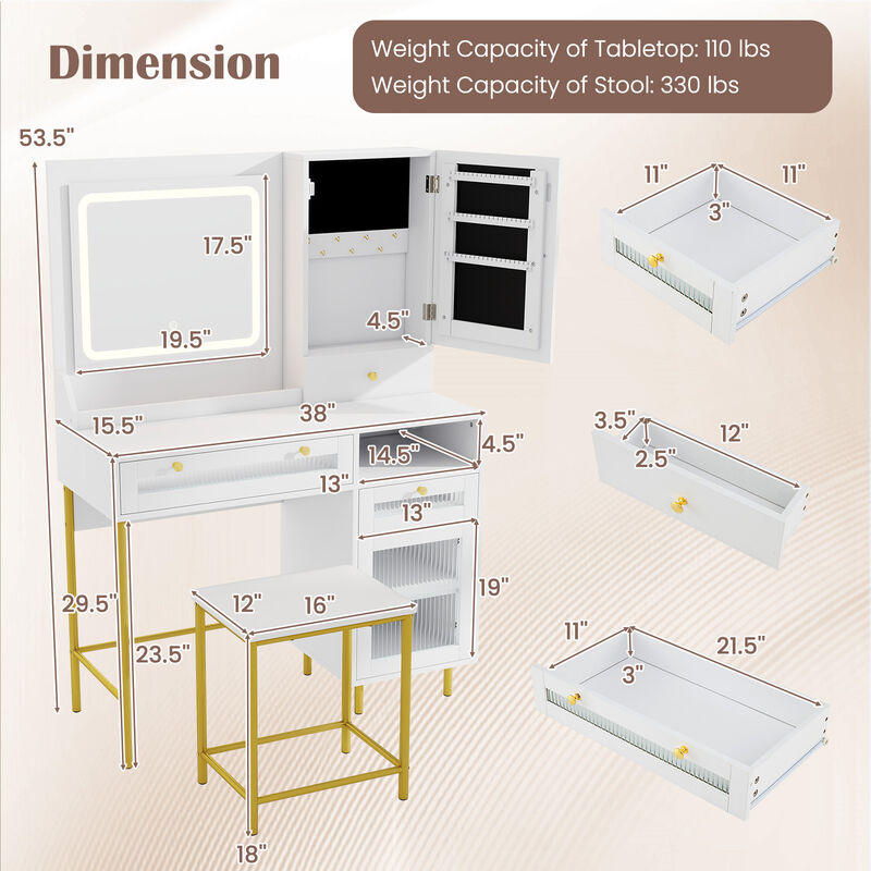 Modern Makeup Vanity Desk with Mirror and Lights and Stool Set