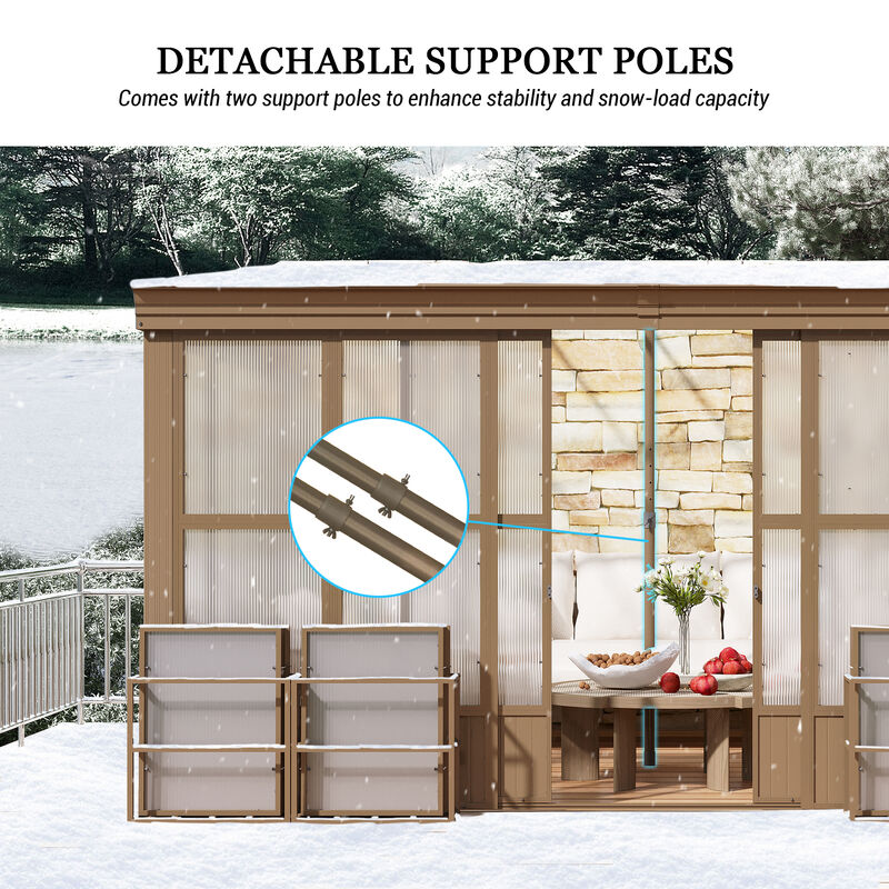 MONDAWE Lean to Sunroom 12x14FT Wall Mounted Solarium with Sloping Roof, Detachable Screens, 2 Lockable Sliding Doors