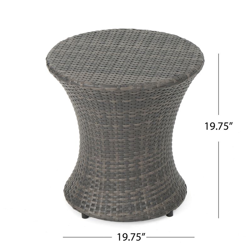 Loco Outdoor Side Table, Hourglass Shape, Round 20 Inch, Gray Rattan - Benzara