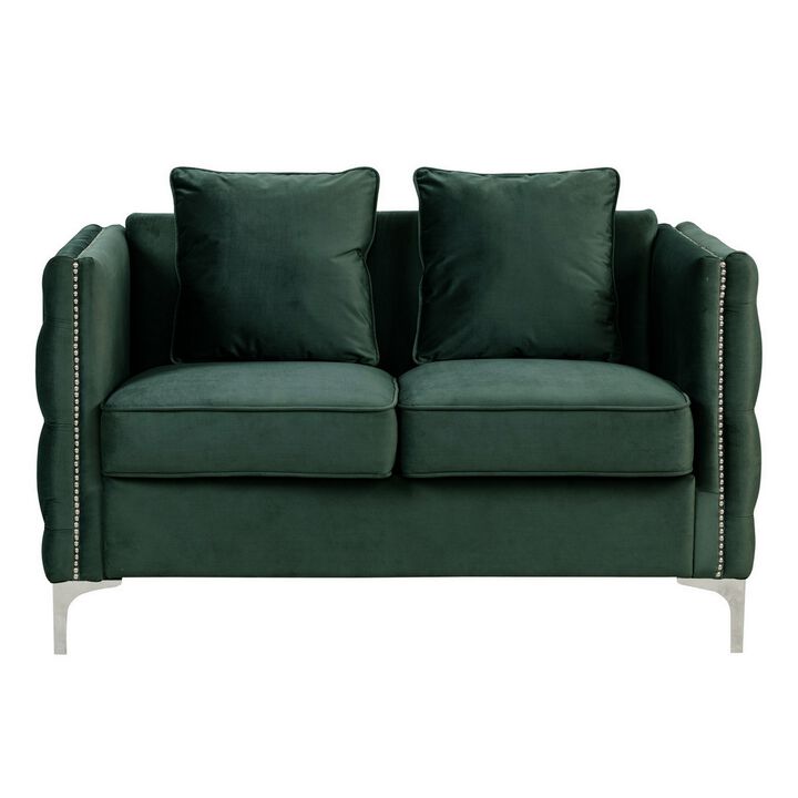 Zion 53 Inch Accent Loveseat, Nailhead Trim, Button Tufted, Green Velvet-Benzara
