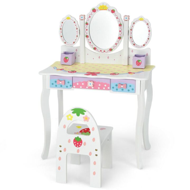 Hivvago Kids Vanity Princess Makeup Dressing Table Chair Set with Tri-fold Mirror