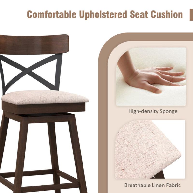 Hivvago Set of 2 Wooden Swivel Bar Stools with Cushioned Seat and Open X Back