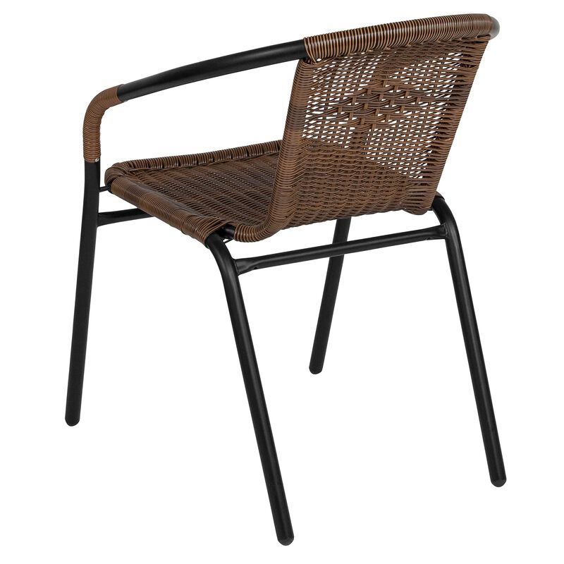 Flash Furniture Lila 28'' Square Glass Metal Table with Dark Brown Rattan Edging and 4 Dark Brown Rattan Stack Chairs