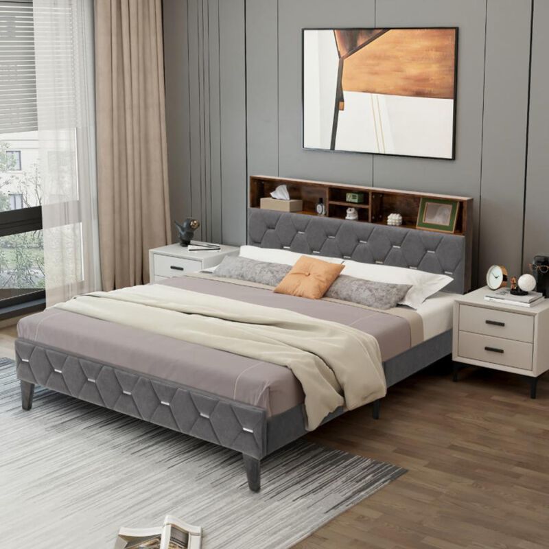 Hivvago Upholstered Bed Frame with Storage Headboard