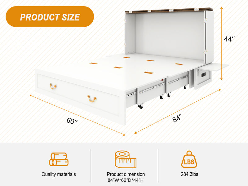 Murphy Bed Cabinet,Murphy Bed Queen with USB, Murphy Bed Cabinet with Drawer,White Cabinet Bed  for Guest Room